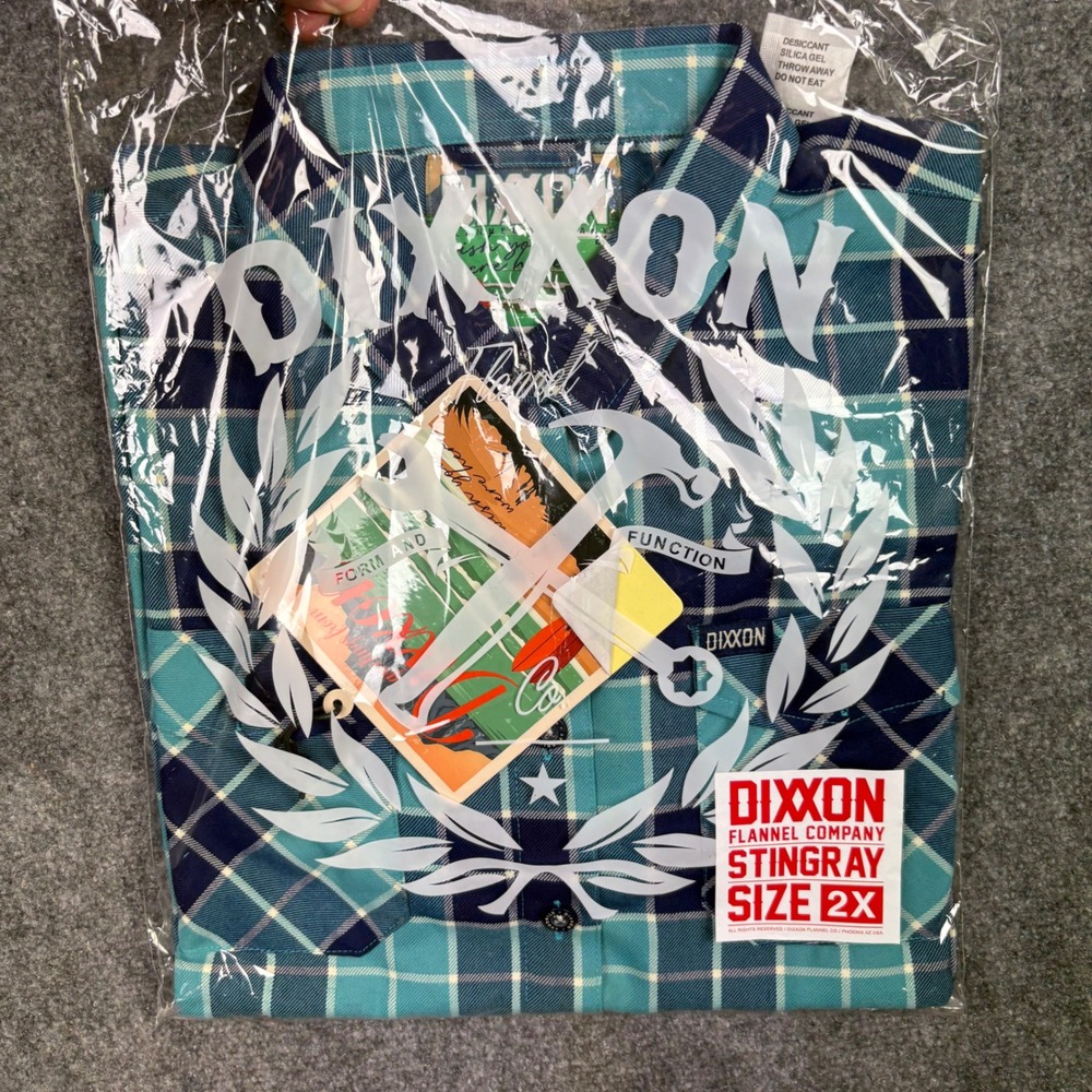Dixxon Flannel Stingray Mens 2X Teal Navy Plaid D-Tech Button Down Shirt NWT